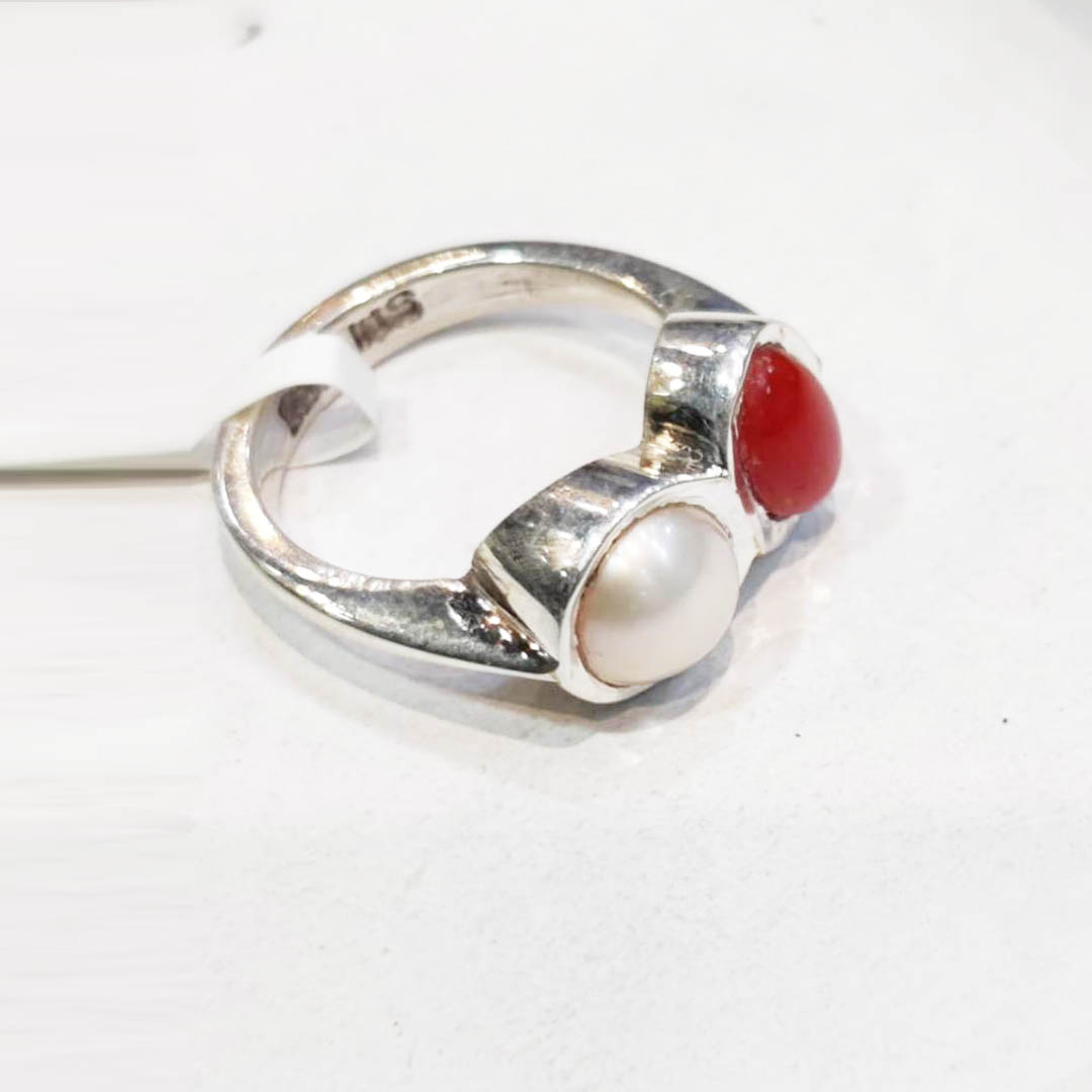 Coral and Pearl Silver Ring